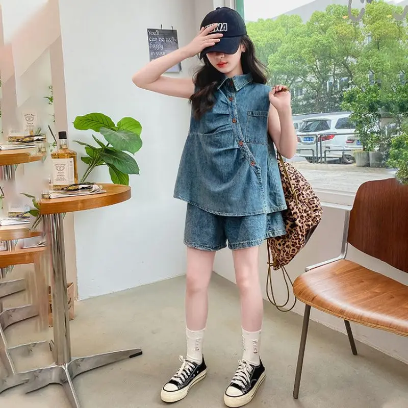 Girls Slant Collar Sleeveless Denim Set 2026 Summer New Girls Sleeveless Thin Vest Shorts Two Piece Set