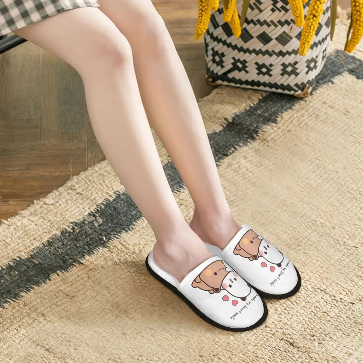 Custom Print Peach And Gomas Bubu Dudu Bear Panda House Slippers You Make My Heart Smile Memory Foam Fluffy Slipper Indoor Shoes view 5