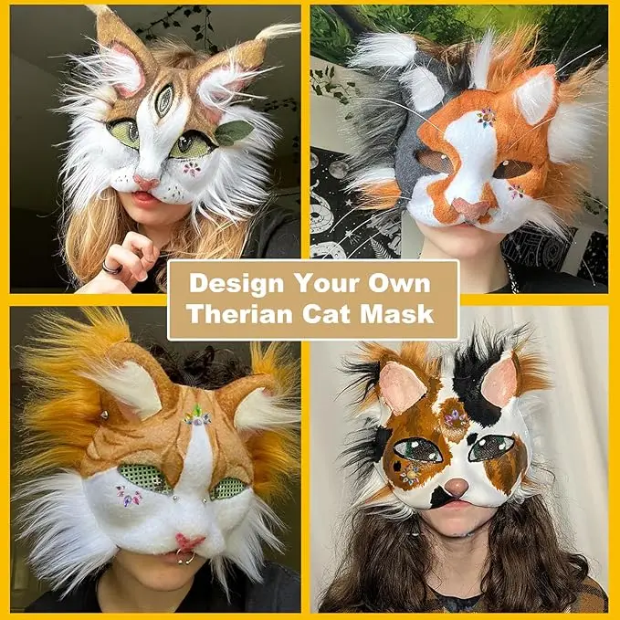 3/6Set DIY Therian Maske Kit halbes Gesicht handbemalte Katzenmaske DIY Masken leere weiße Katzenmaske für Karneval Maskerade Cosplay Party – Detail 5