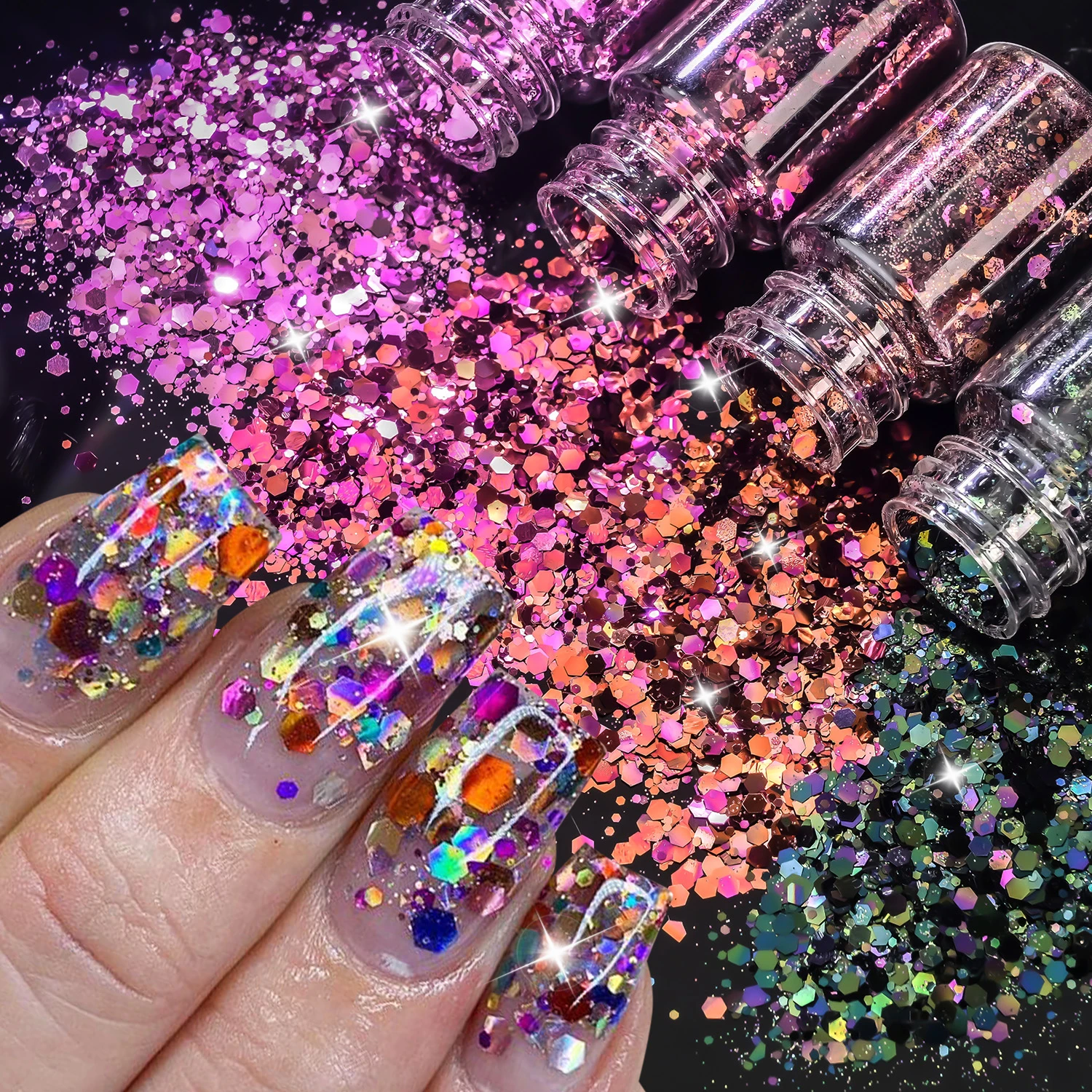 7Colors 3D Mixed-Sizes Hexagon Nail Glitter Sequins Holographic Hexagons Nails Flakes DIY Home Salon Manicure Paillettes Decor P