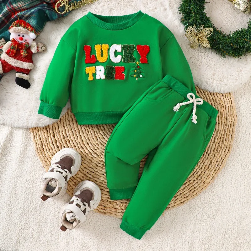 Newborn Toddler Baby Boys Girls Christmas Outfit Set Green Red Long Sleeve Sweatshirt 3D Letters And Jogger Pants 0 24M