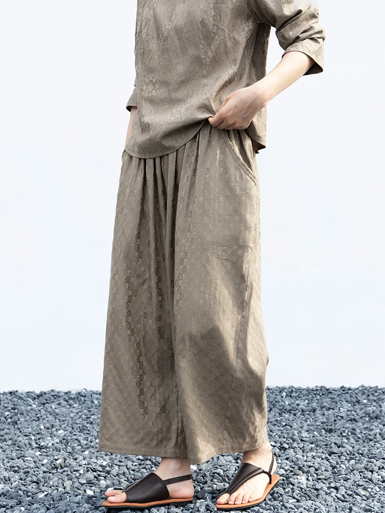

New Le Collection Mixed Silk Cotton Khaki Brown Loose Straight Leg Pants Elastic Waist Summer Casual Trousers for Women