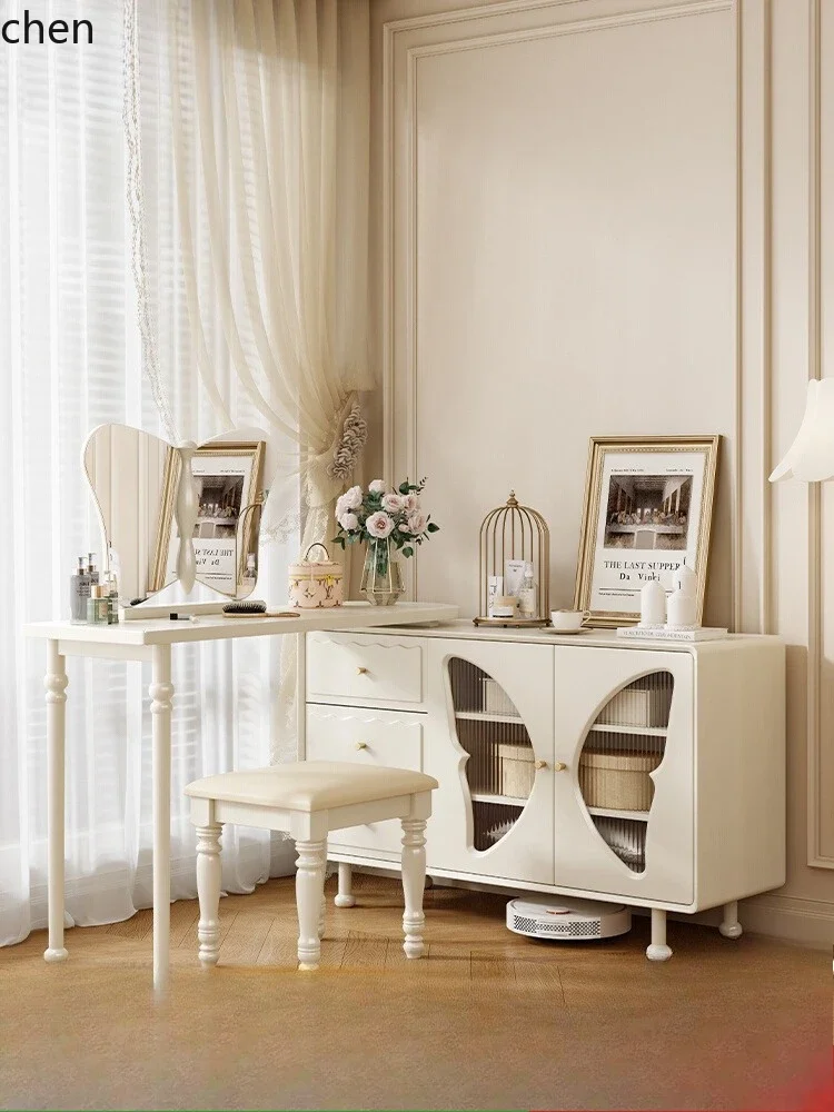 Cômoda H5.26 integrada com mesa de maquiagem de canto para quarto em madeira maciça