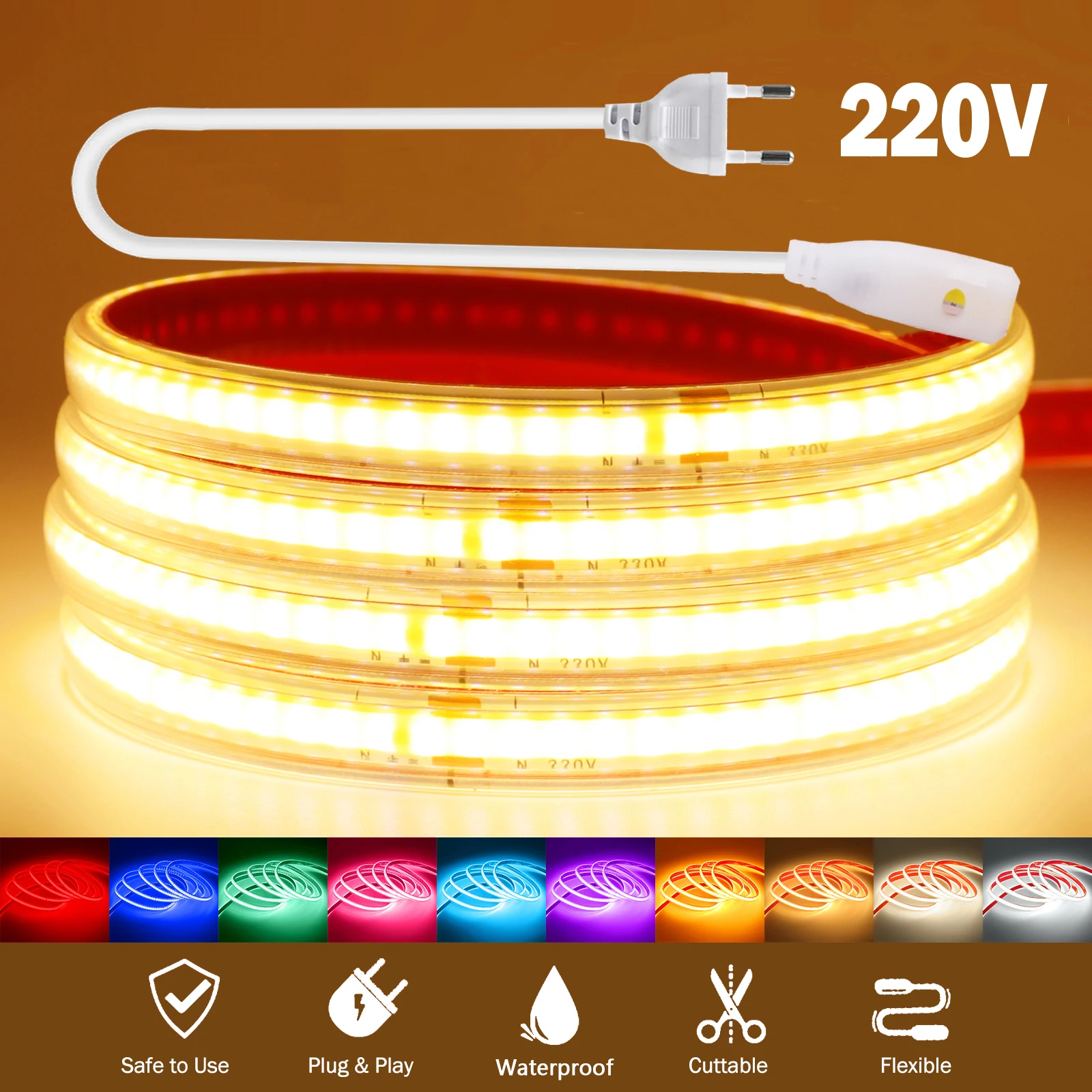 220V COB LED Strip Light High Bright 240LEDs/M EU Plug Red White Pink Yellow Blue Warm Waterproof RA90 Flexible Tape Room Decor