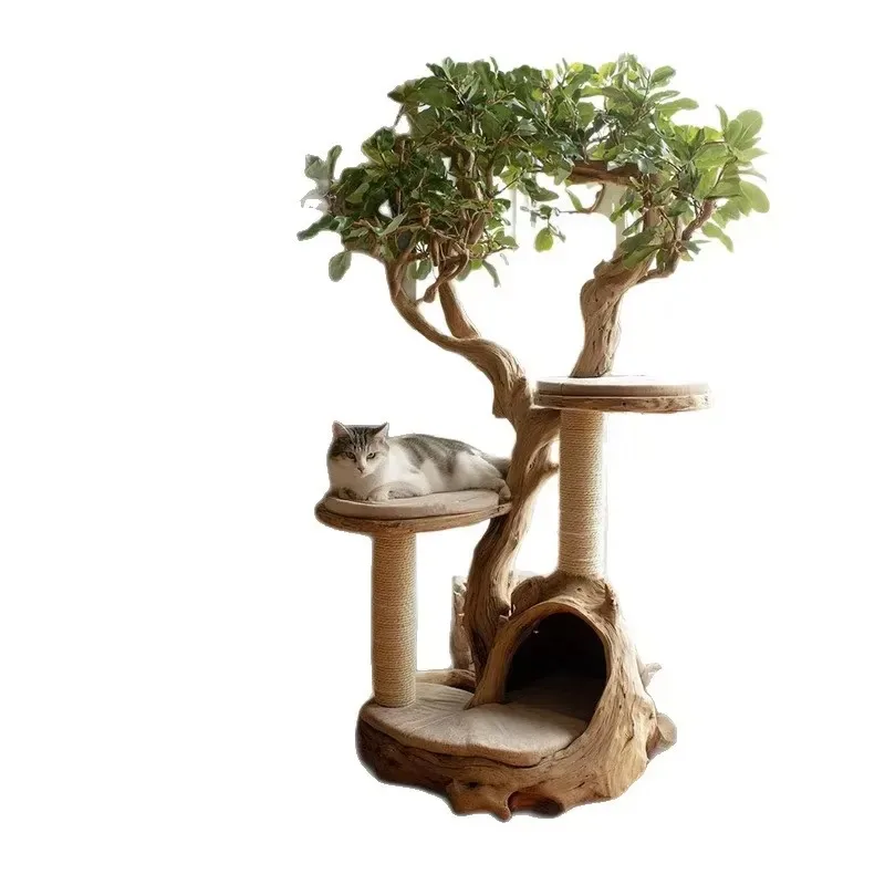Luxury Flowing Wood Cat Tree Multi Layer Large Climbing Frame Space Saving Sisal Scratching Board Tower