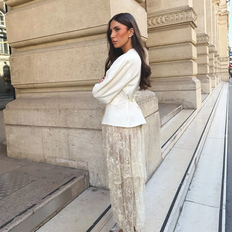 Modische Transparente Bedruckte Damenhose Strand-Spitzen-Patchwork Plissierte Schnürhose für Damen 2026 Sommer Herbst Damen-Unterteil Neu – Detail 8