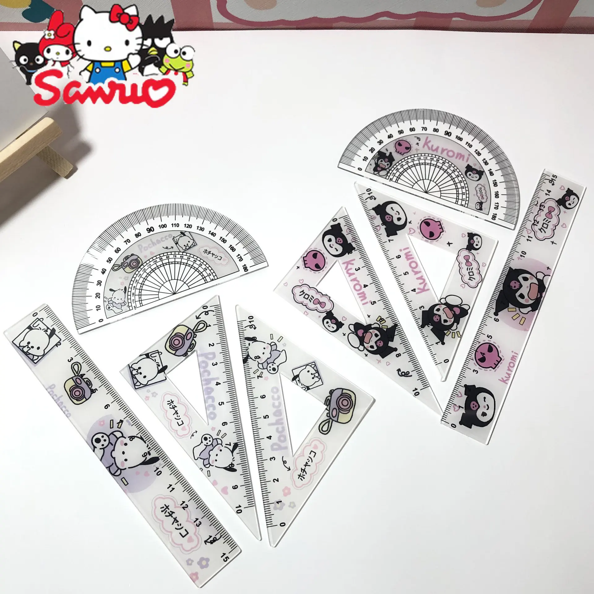 

1Set MINISO Kuromi Pacha Dog Acrylic Cute Ruler Student Ruler Full Set of Triangular Rulers Scale Measuring Ruler Gift for Kids