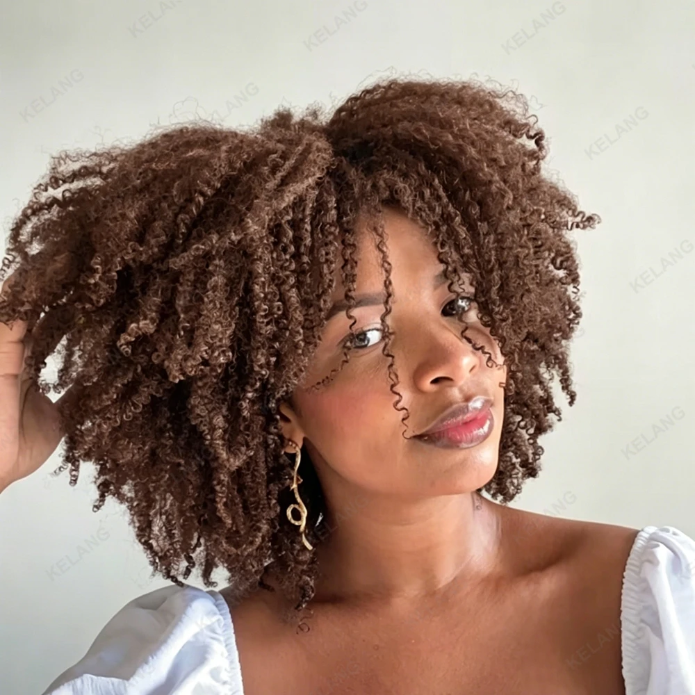 Chocolate Brown Afro Kinky Curly Hair Short Bob Wig Ombre 100% Human Hair Wig Honey Blonde 250% Density Glueless Wig With Bangs