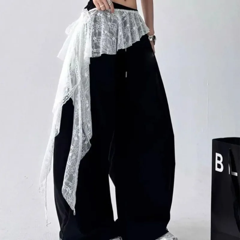 Embroidered Flower Lace Mini Skirt Irregular See Through Ruched Skirts Y2K Streetwear Lace-up Design Butt Curtain