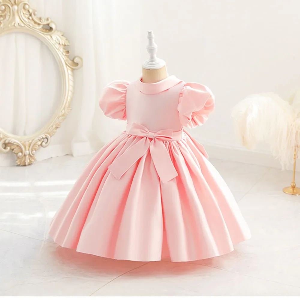 

Pink Lapel Summer Infant Baby Girls Princess Party Dress Satin Puff Sleeve Kids Clothes Toddler Wedding Gown Prom 1-6 Years