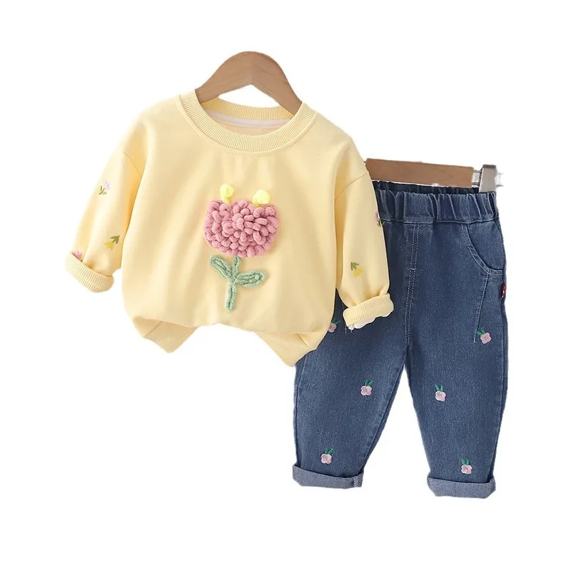 Girls Clothes Sets Spring Autumn 2024 Children Cotton Sweatshirts Coats Denim Pants 2pcs Tracksuits For Baby Cute Suit Kids 4 5Y