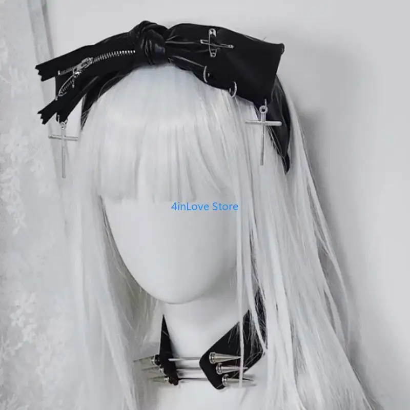 T4MD-Diadema con lazo cuero para mujer, estética oscura, peluquín elegante para mujer, ropa calle gótica Punk, accesorios