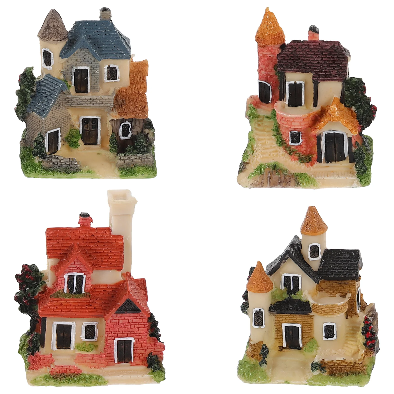 4 Pcs Miniature Resin House Decor Adorable Landscape naments for Desktop Garden Small House Decoration Tiny Log Cabins