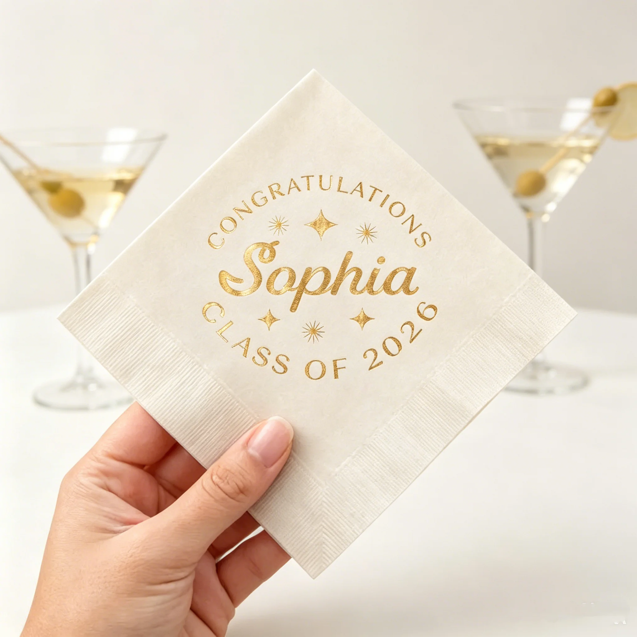 

50pcs Custom Class of 2026 Graduation Napkins, Personalized Name & Starburst Disposable Cocktail Napkins, Multi-Colors for Gradu