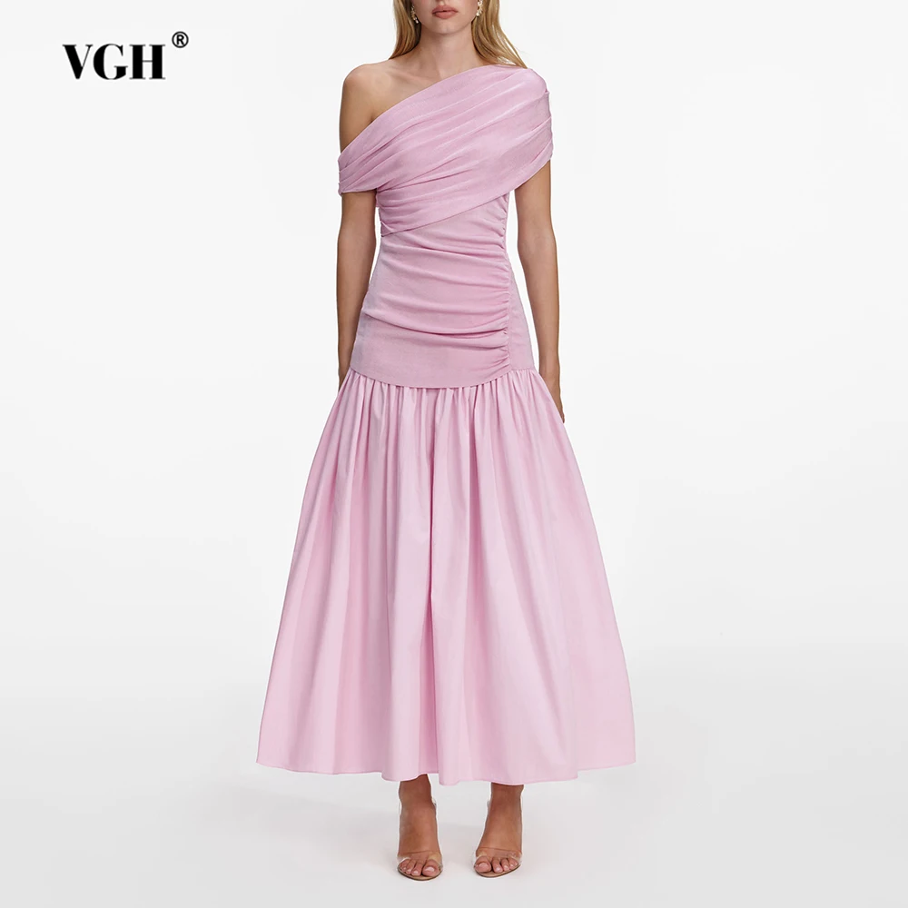 

VGH Solid Slimming Elegant Fresh Long Dresses For Women Diagonal Sleeveless High Waist Sweet Folds Dress Female Fashion Style
