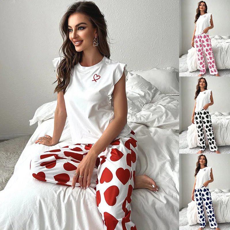 2024 White T-Shirt Women\'s Pajama Set Sexy Fly Sleeve Vest Pants Sleepwear Heart Print Casual Pyjamas Loungewear Spring 2-piece