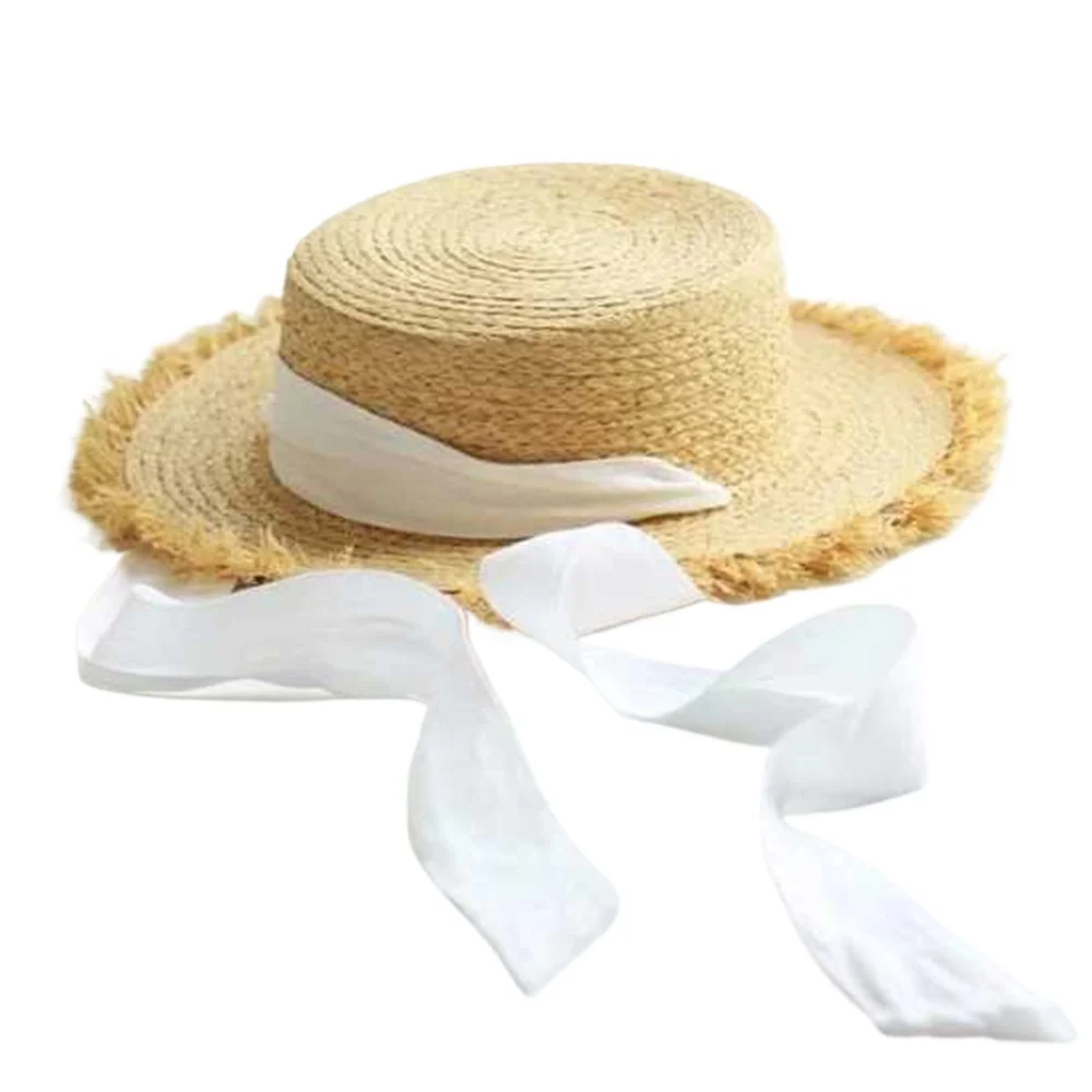 New Beach Hat Everything Hairy Edge Straw Hat Female Summer Flat Top Outing Sun Hat Small Fresh Ribbon Sun Shade Beach Hats