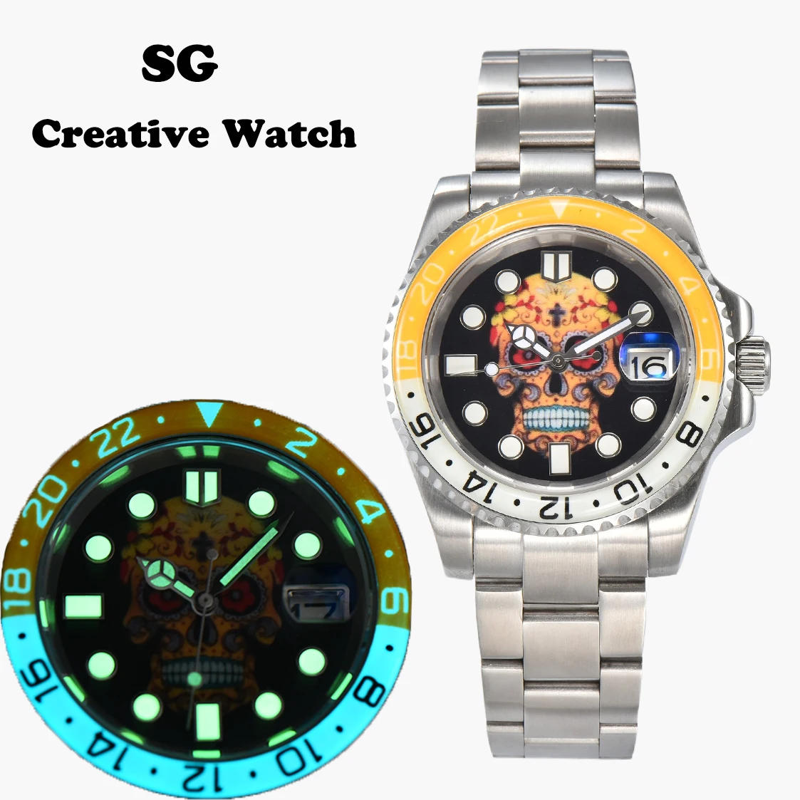 Creative watches 40mm Skull Full Night Glow Men's Automatic Mechanical Watch NH35 Stainless Steel Case Sapphire Glass Waterproof