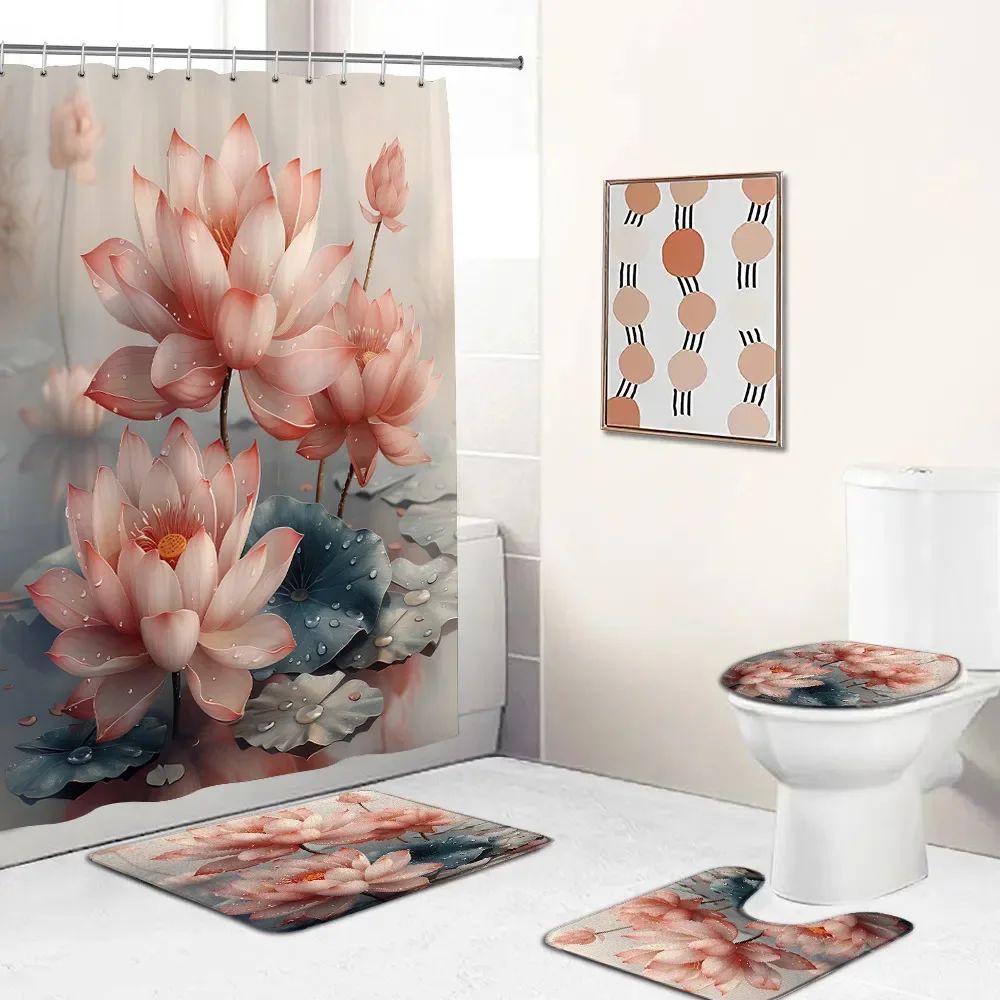 Lotus Summer Shower Curtain Set Pink Flower Chinese Style Home Wall Hanging White Floral Bath Decor Bathtub Rug Toilet Lid Cover