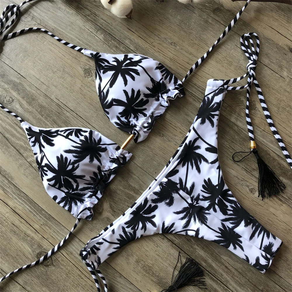 Leaves Print Bikini Tassels Strappy Swimsuit Backless Halter Swimwear Two Piece Trend Women Beach Bathing Suit Bikinis Thong Set