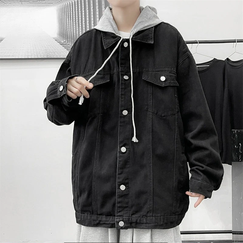 

Black with Hat Male Jean Coats High Quality of Fabric Original Fashion Loose Joker Casual Washed New in Lxury Men's Denim Jacket