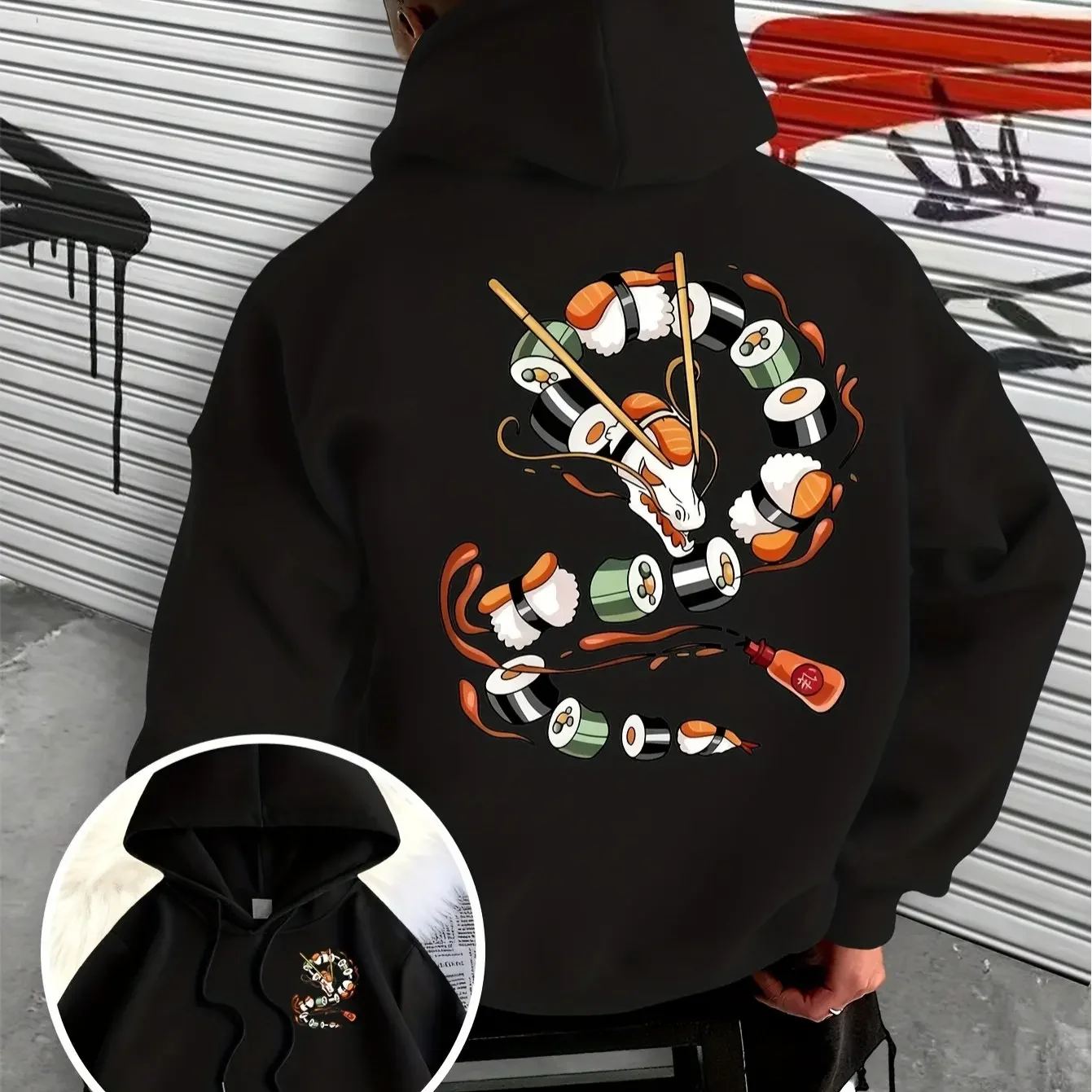 Korean Hot Trend Dragon Sushi Creative Cartoon Double Sided Print Hoodie Men Loose Oversized Unisex Pullover Sweatshirt