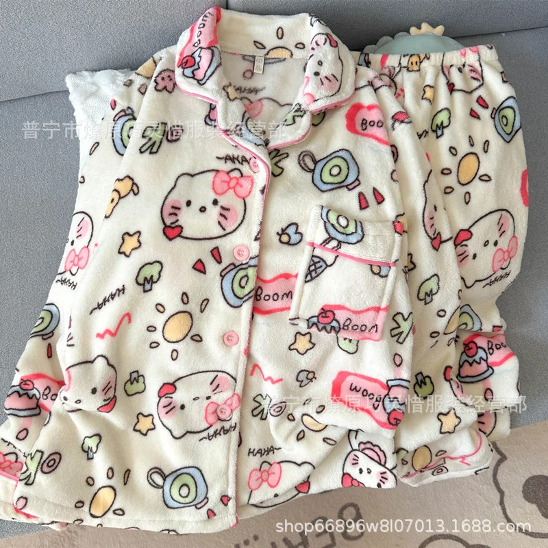 

2Pcs Coral Velvet Cartoon Pajamas Suit Anime Hello Kitty Women Winter Warm Homewear Thickened Long Sleeves Pants Lounge Clothes