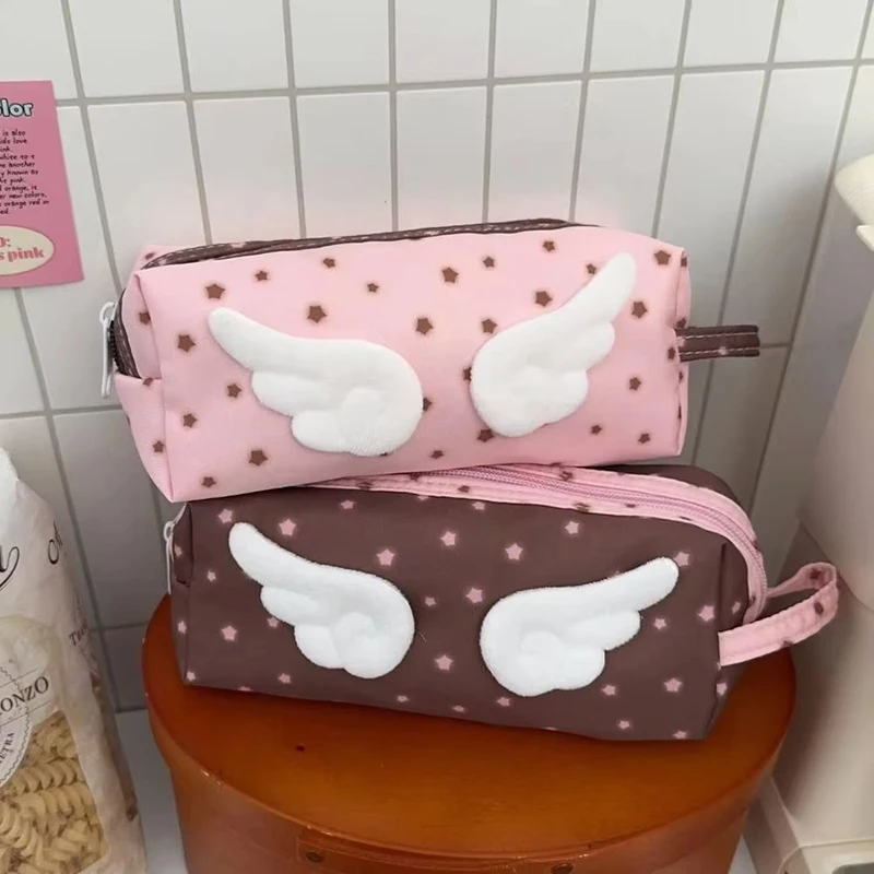Cute Angel Wing Pencil Case Y2k Star Print Canvas Student Case Purse Large Capacity Stationery Tote Portable Makeup Storage Bag