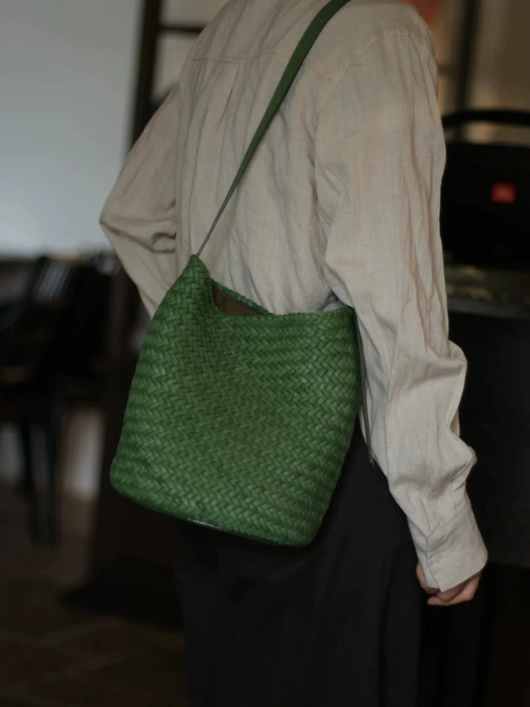 Fashion Retro Hand Weave Genuine Leather Women Tote Bag\Handbag Real Leather Lady Underarm Shoulder Crossbody Holiday Bag Big