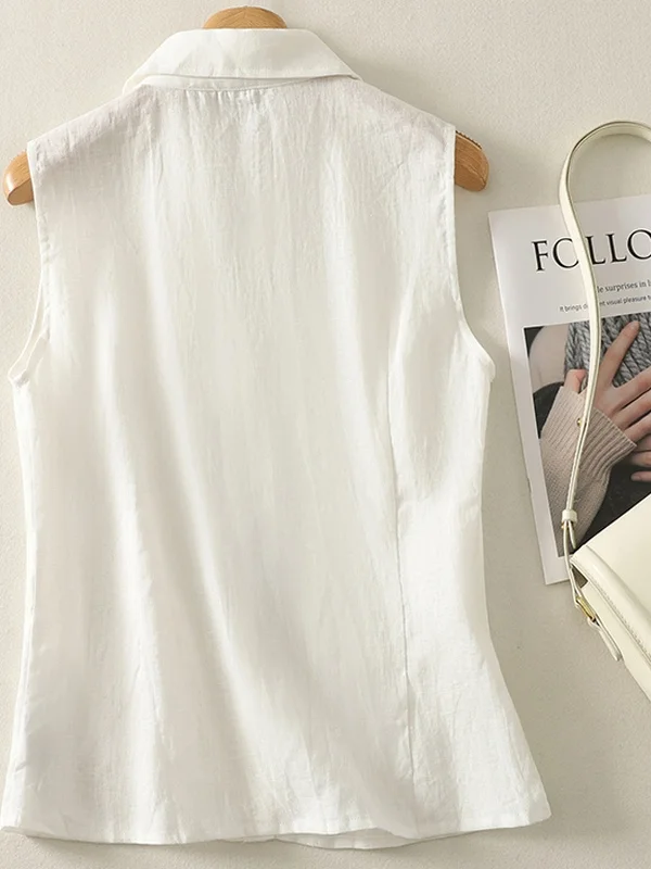 

l Cotton Linen Svel irt Vest Women's Simple Casual Versatile Outerwear Breathable Thin Regular Fit Collar
