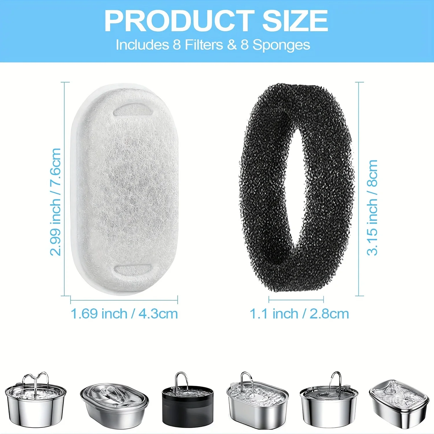 KEMORELA 12/15PCS Cat Water Fountain Activated Carbon Sponge Filters for Stainless Steel Water Dispenser Pet Care Accessory gallery 5