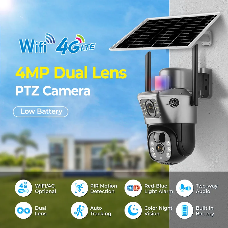 Smart Library V380pro 4G Wifi Dual Lens Floodlight Pir Solar Ptz 24/7 Full Color Wireless Outdoor Security 4g Cctv Solar