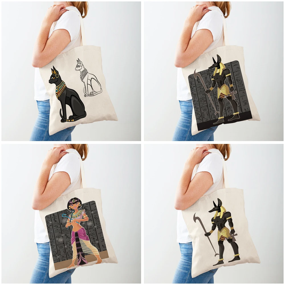 Fashion Ancient Egypt Totem Pharaoh Both Sided Canvas Shopping Bag Reusable Cartoon Anubis Lady Student Shopper Bags for Women