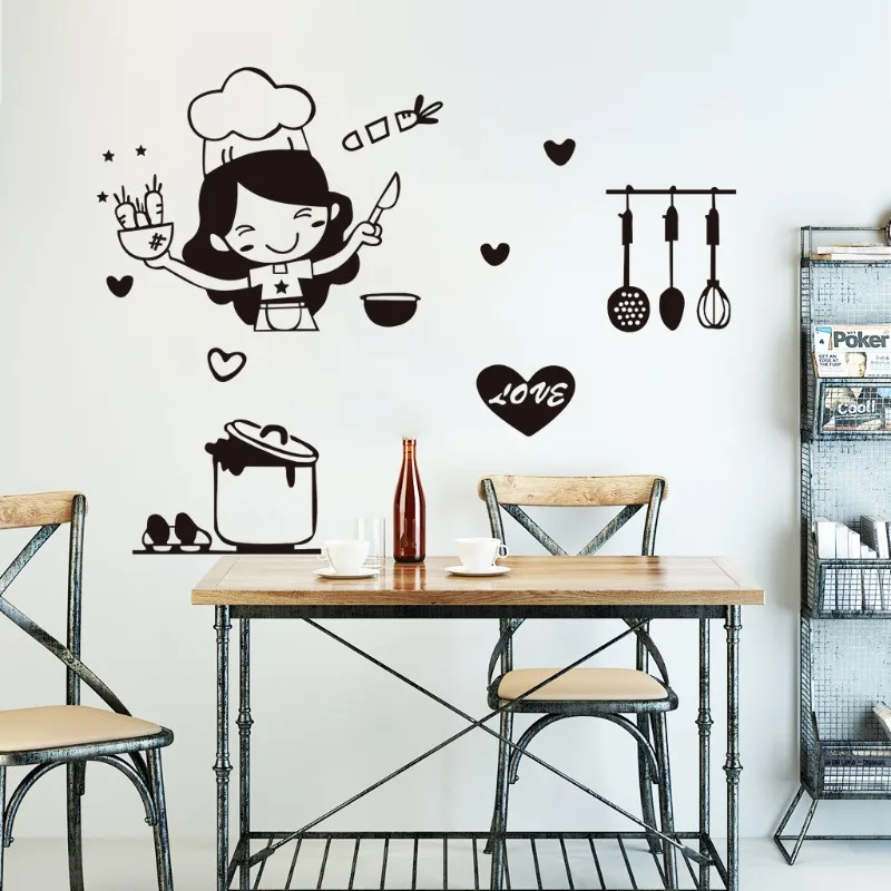 2Pcs Happy Girl Chef Loves Cooking Wall Sticker Restaurant Bar Kitchen Dining Room Fridge Light Switch Decal DIY Art Home Decor