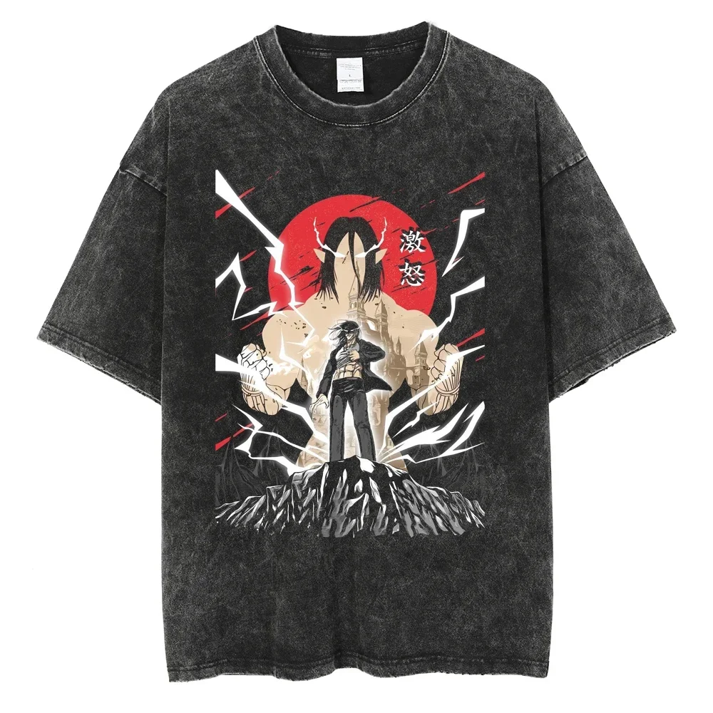 Attack on Titan Men Cotton T-shirt Streetwear Anime Graphic Washed Black Oversized Short Sleeve Casual Daily Wear
