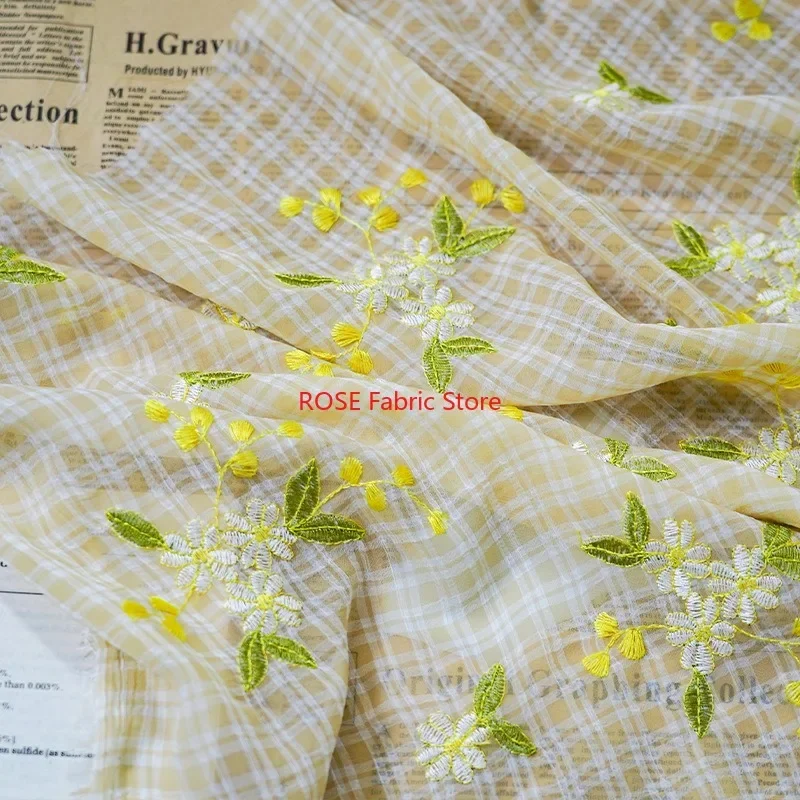 Yellow striped plaid flower embroidered chiffon Fabric For Blouse, Party Dress, Wedding Fabric, Princess Dress, Sewing Material