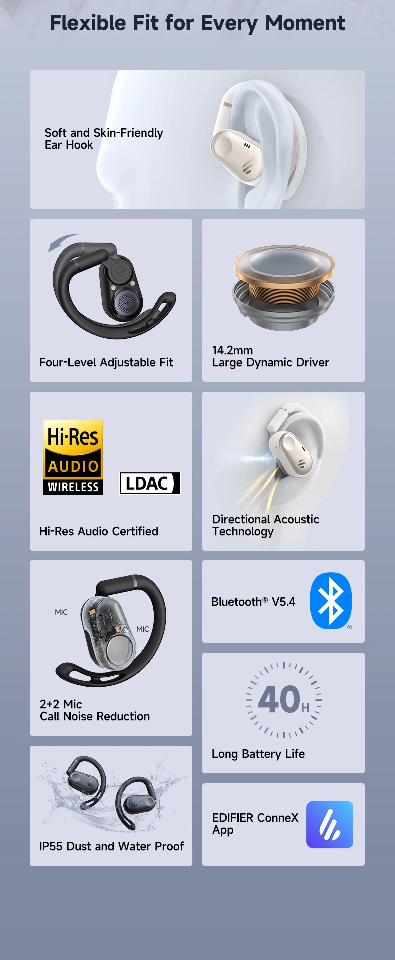 Edifier Comfo Flex Open-Ear True Wireless Ohrhörer Hi-Res Audio 40 Std. Spielzeit KI-Anruf-Geräuschunterdrückung Bluetooth 5.4 Kopfhörer – Detail 2
