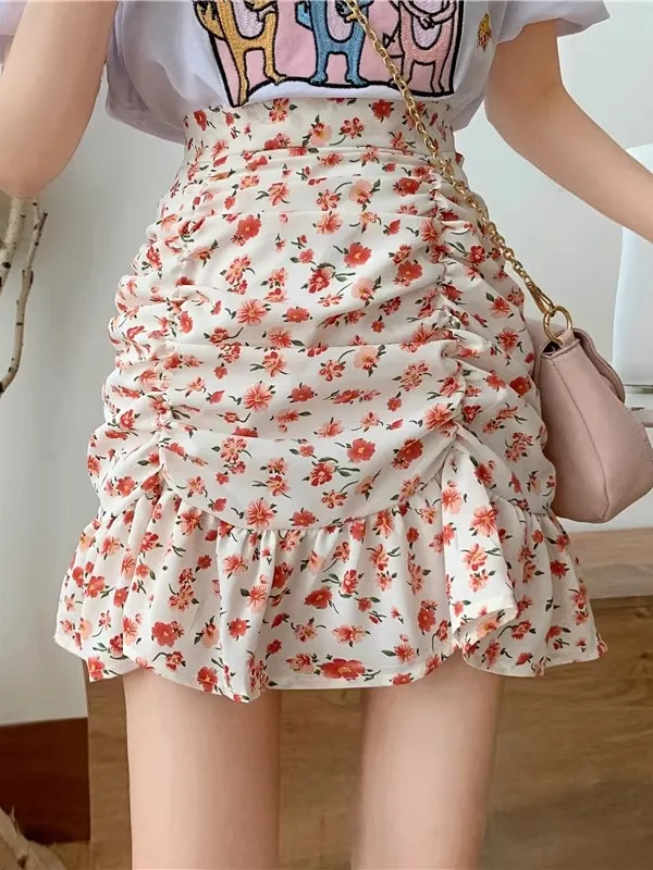 

Нежная цветочная плиссированная юбка для женщин, летняя тонкая шифоновая юбка с высокой талией, короткая юбка-рыбка, кружевная юбка А-силуэта, облегающая юбка.