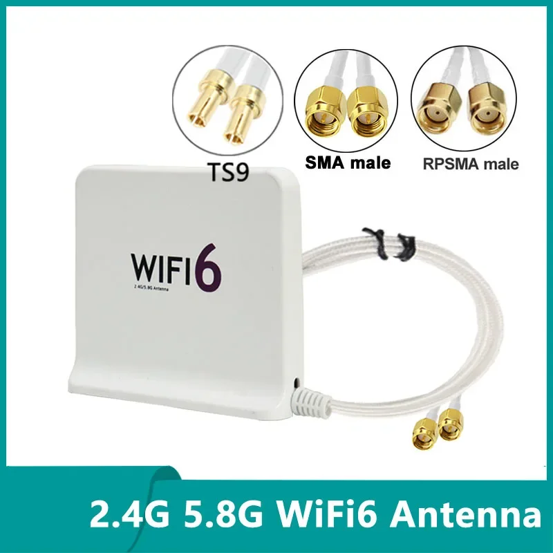 TS9 RP SMA WiFi Antenna - Dual Band, Mimo Aerial, Magnetic Base, Indoor/Outdoor Cable, 2.4G/5.8G, 2x Cable