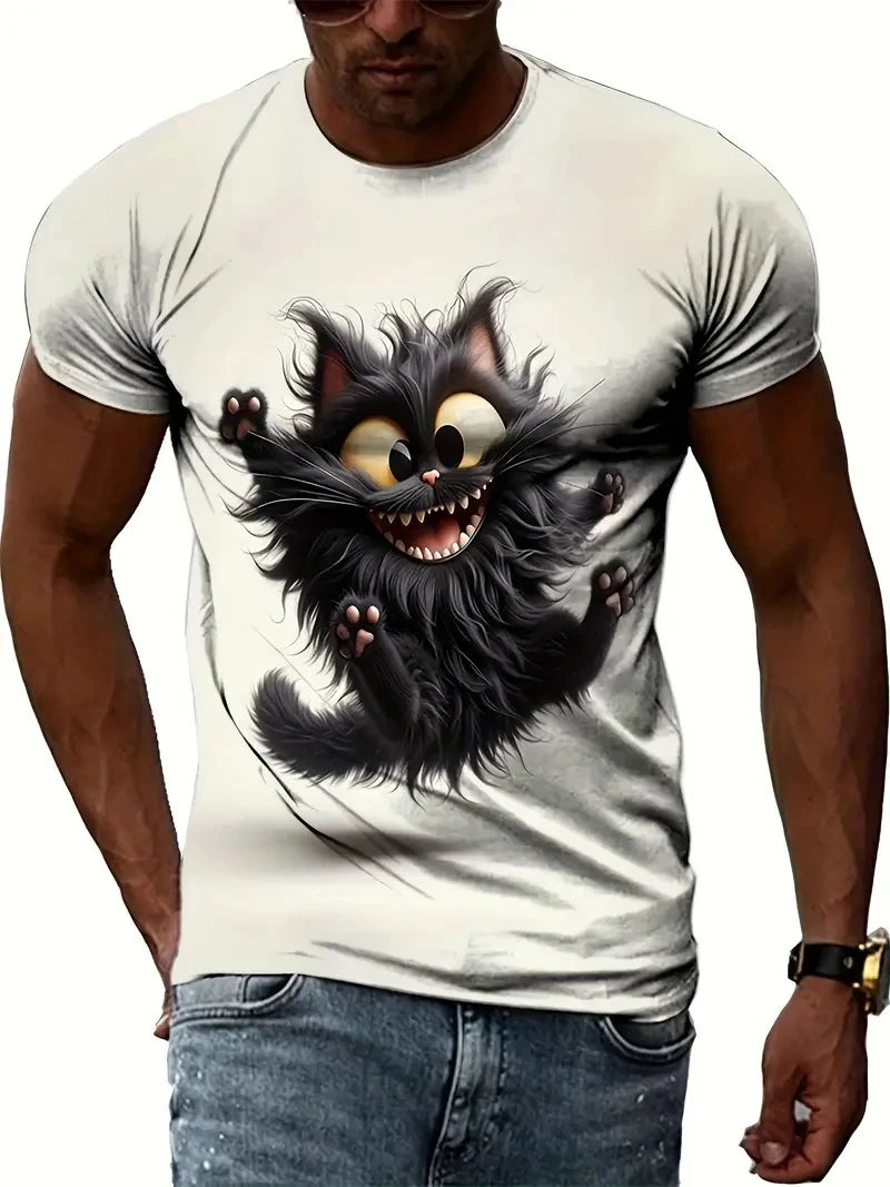 

Men's animal T-shirt summer short sleeved cat printed T-shirt fashionable street wear loose clothing casual round neck pullover