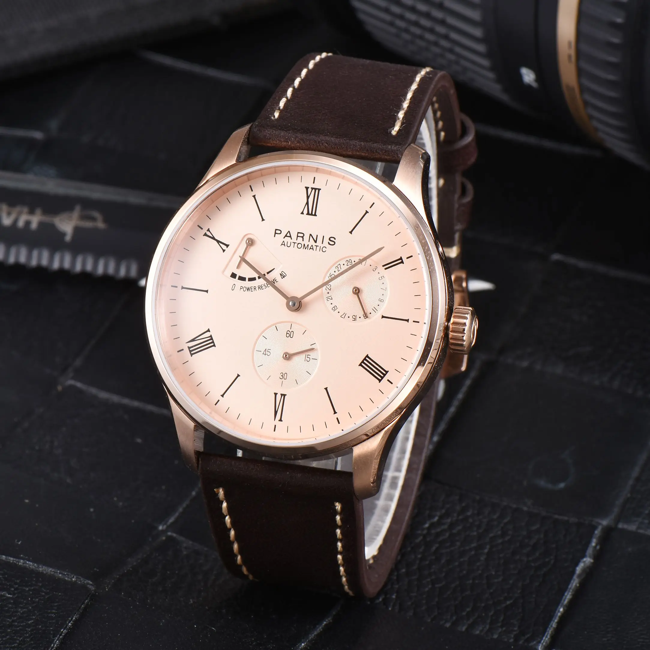 

New Parnis 41.5mm Rose Gold Men's Automatic Mechanical Watch Power Reserve Calendar Brown Leather Strap Men Watches reloj hombre