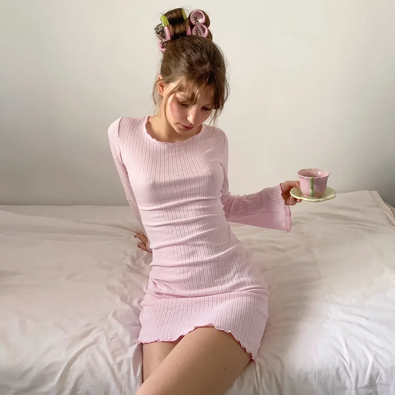 `1 Pc Women Nightgown, Elegant Casual Style, Knit Jacquard Openwork Design, Breathable Pure Cotton Long Sleeve Sleep Dress, For