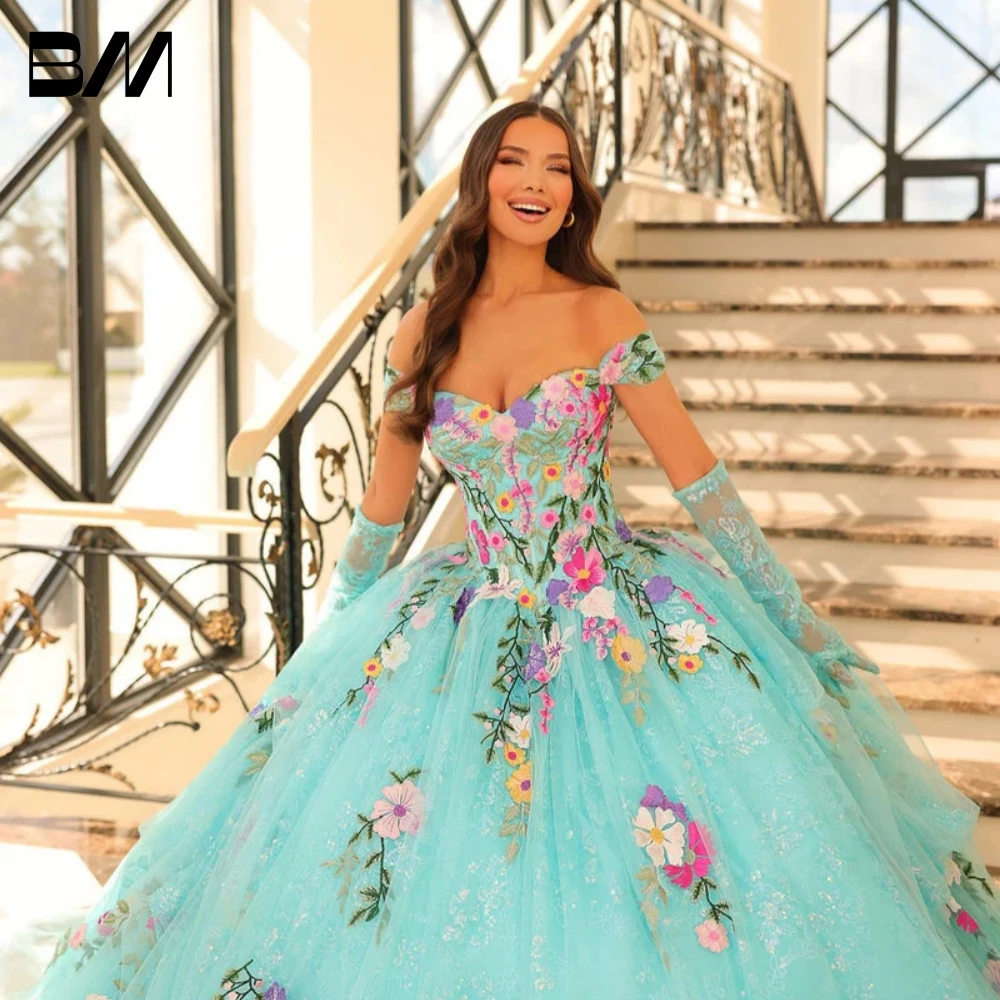 Colorful Flowers Chic Ball Gown Quinceanera Dress Shiny 15 16 Birthday Lace Up No Gloves Evening Dress Customized Sweet Party