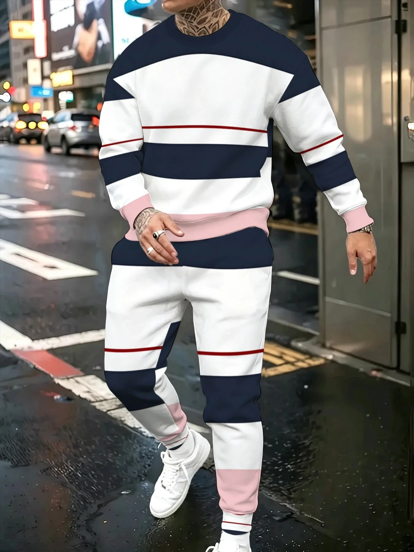 2026 autumn and winter new men's round-neck sweater set street fashion casual versatile 3D striped pattern print