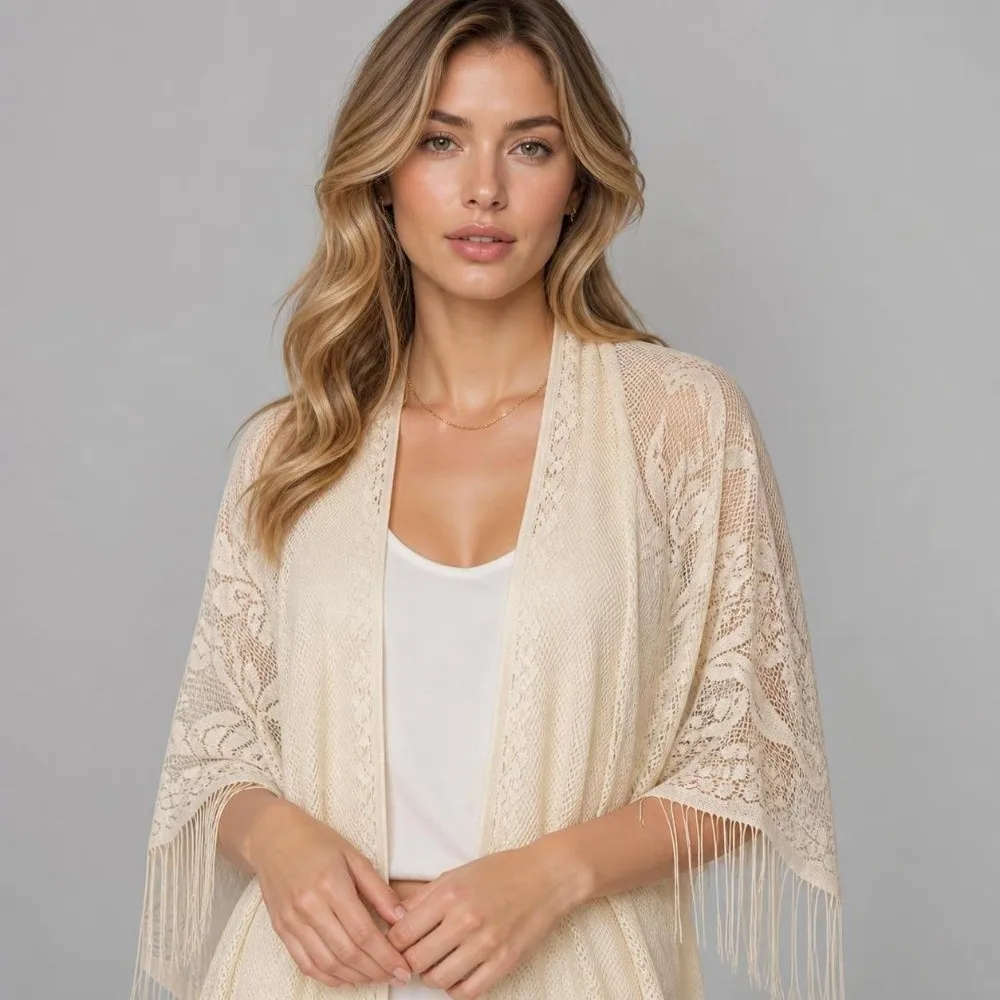Floral Embroidery Women Lace Scarf With Tassels Lightweight Tulle Triangle Shawl Transparent Mesh Hollow Mesh Scarf Party Use