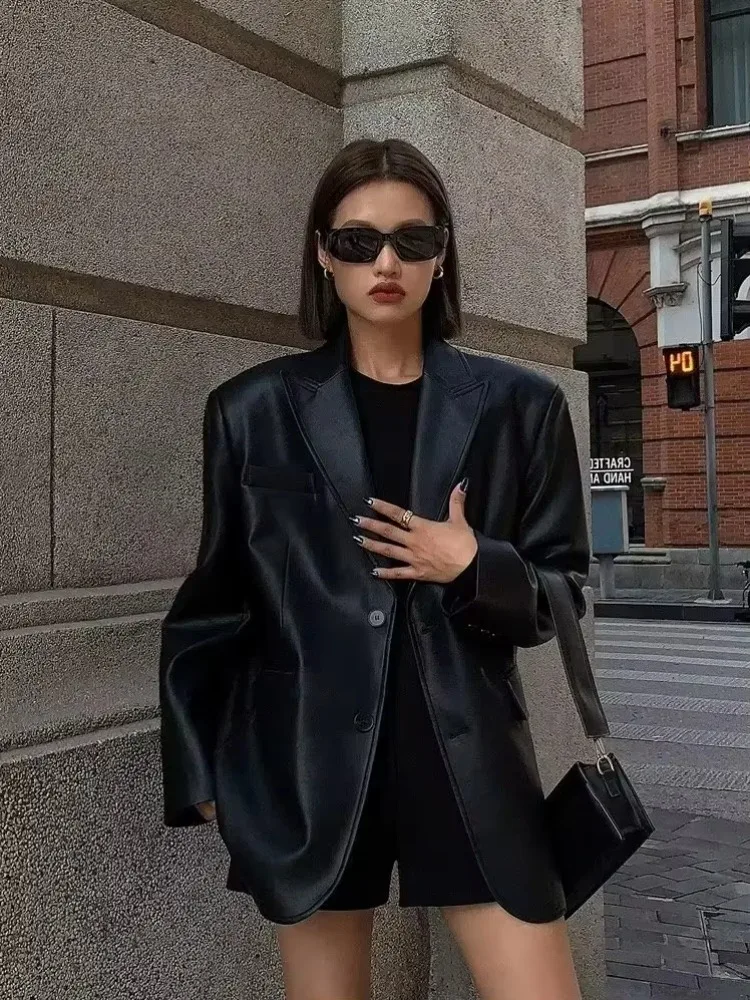 

Lnsozkdg Black PU Leather Jacket Women 2024 Autumn Winter New High-quality Loose Blazer Female Office Lady Coat Women Clothing
