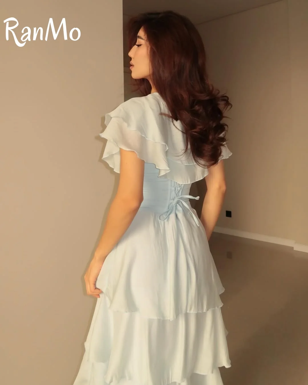 Ranmo 2025 Elegant Baby Blue Chiffon Evening Dresses Saudi Arabic Ankle-Length Layered Pleat Fascinating Prom Gown Customized