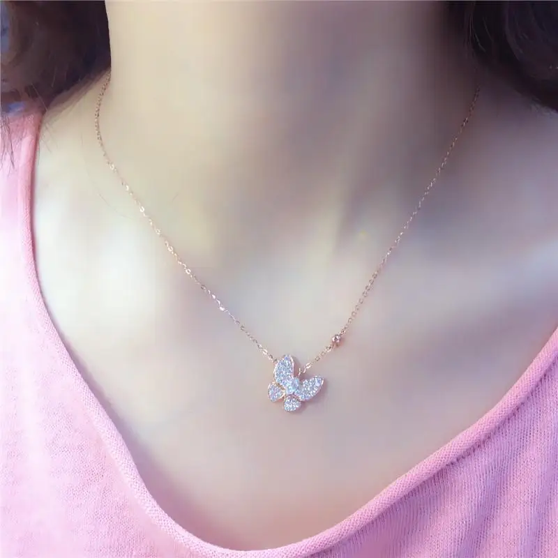 585 purple gold plated 14K rose gold inlaid shiny full crystal butterfly necklace for woman charm light luxury wedding jewelry