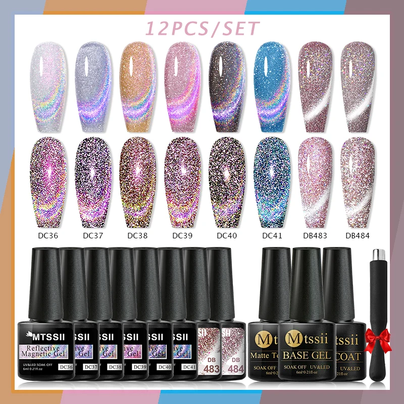 

12PCS Sea Blue Cat Eye Magnetic Gel Kit Pink Purple Magnetic Nails Set Soak Off UV LED UV Gel Nail Varnish