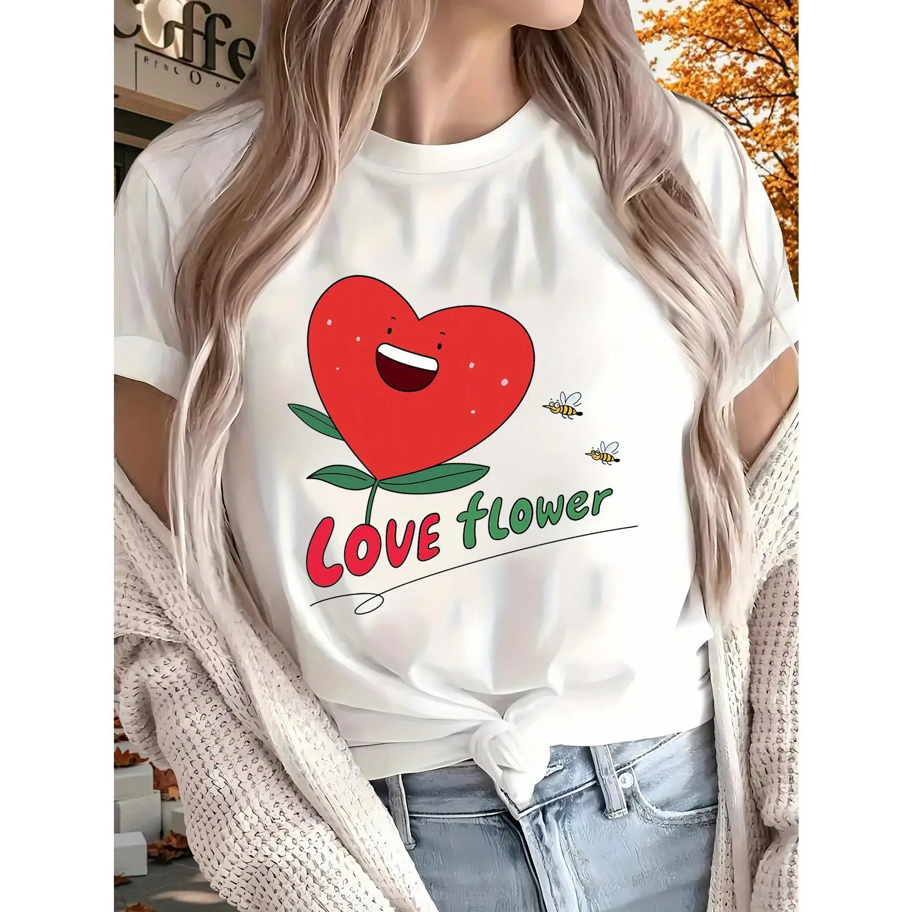 

Love Creative Pattern Gift Women'S T-Shirt, Summer, Pure, Printed, Short Sleeved Top, Black And White Optional, for All Seasons
